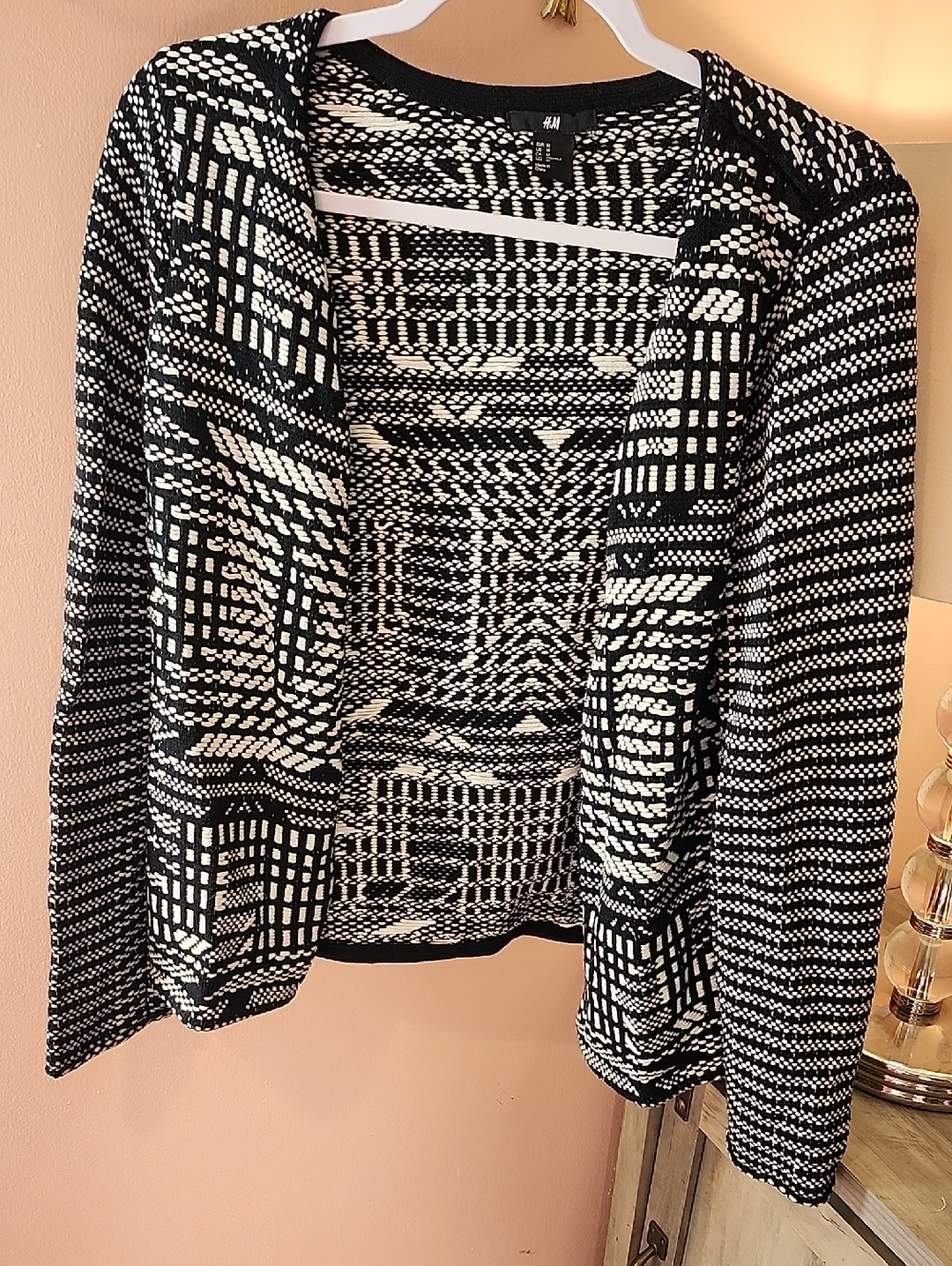 H&M Black & White Geometric Open-Front Cardigan
